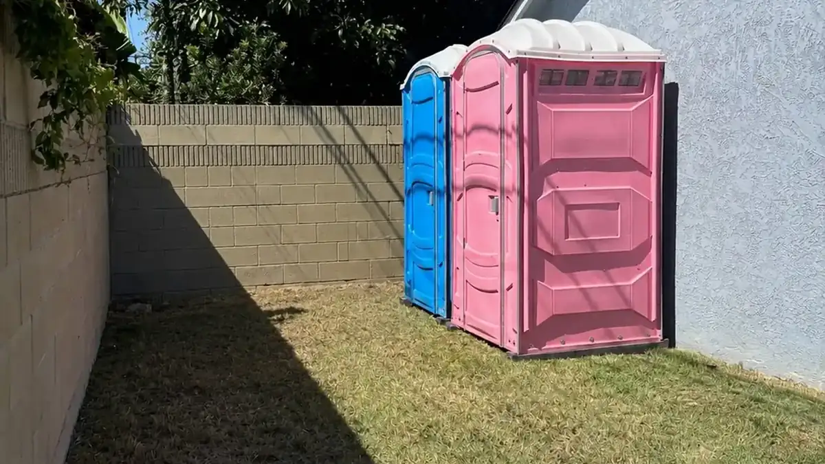 Portable toilets set up for a backyard party